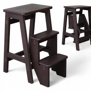 Dark brown Solid Wooden Folding Stepladder in retro design, Natural wood Portable seating, Wooden Flower Stand, Stool Ladder for home
