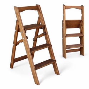 Natural Wood folding small ladder for Kitchen, Library Wooden stepladder 3 Step Rustic rung Foot vintage ladder Photography Props Wood Seat