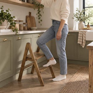 Op de afbeelding: Een inklapbare houten keukentrap met een A-frame ontwerp, voorzien van twee horizontale treden en vier schuine poten. De trap is gemaakt van natuurlijk bruin hout met een zichtbare houtnerf en biedt een stabiel platform voor hoge planken.
