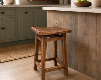 Wooden Counter Stool 25", Handmade Solid Wood Stool, Kitchen Island Stool, Farmhouse Counter Seat, Rustic Wood Stool