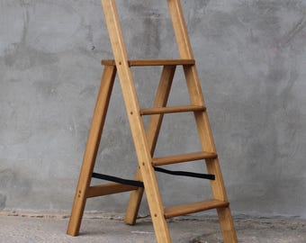 Wooden Folding Ladder | Slim Solid Wood Stepladder with Handle | Rustic Home Ladder for Kitchen, Library, Decor & Plants