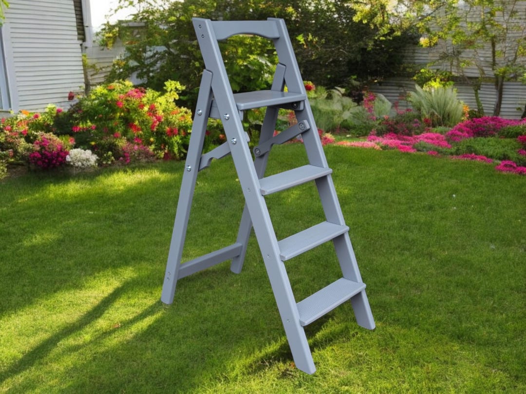 Light Grey Natural Wood Folding Ladder for Kitchen, Library Wooden ...