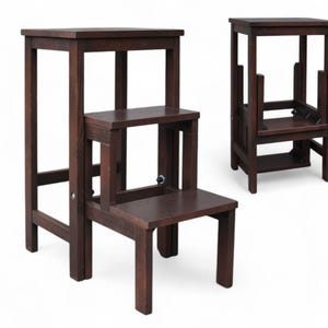 Folding Stool Ladder, Stepladder Stool with Square Seat, Natural wood Square Portable seating, Wooden Flower Stand Dark Brown Solid Wooden