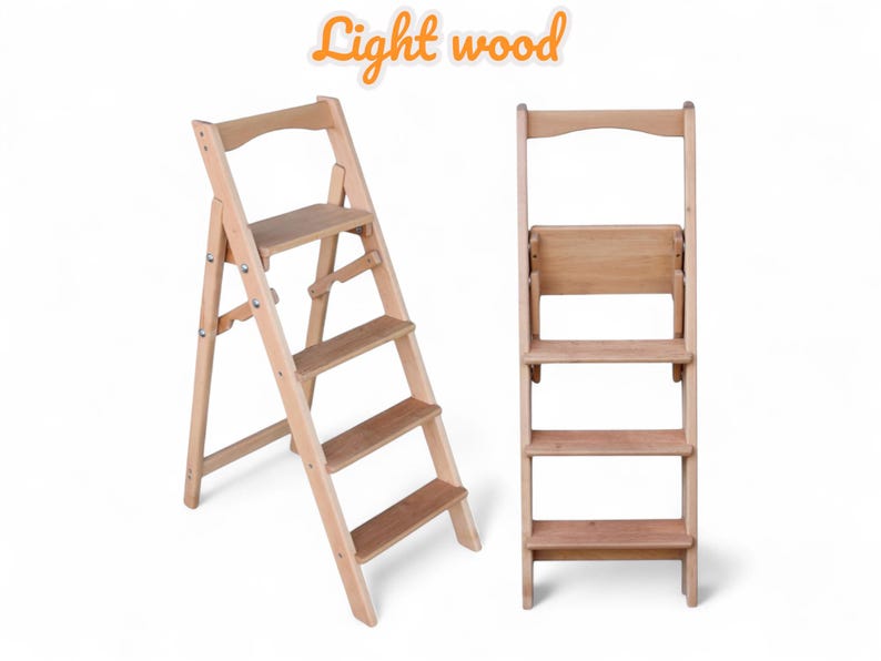 Wood Rung/step Red Natural Wood Folding Ladder for Kitchen, Library Wooden Stepladder ...