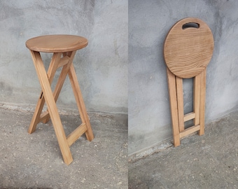 Foldable Wooden Ash Stool with Circular Seat and Handle Brown Stylish Seat Side Table Wooden Folding Stool, Black Round Portable seating