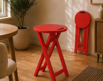 Folding Wooden Stool, Round Seat with Carry Handle