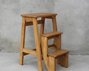 Handmade Alder Wood Step Stool Ladder - Rustic Folding Seat