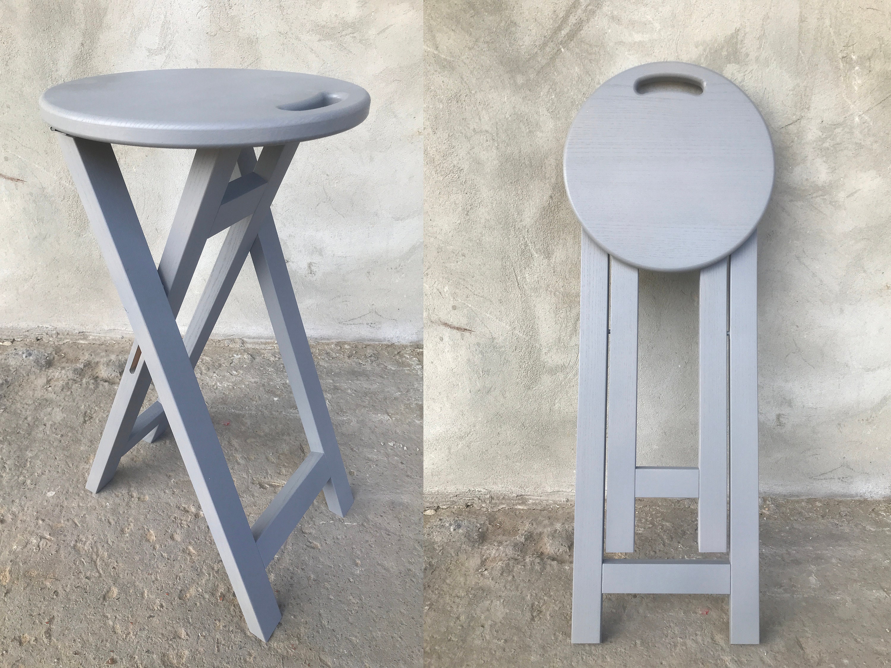 Gray Foldable Wooden Stool With Circular Seat and Handle Portable and Stylish Seat Side Table Wooden Folding Stool Round Portable Seating Etsy