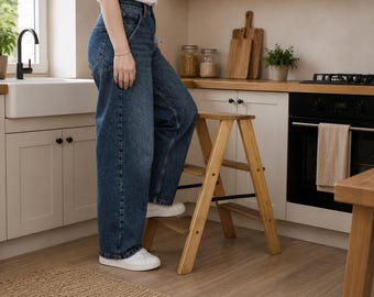 Wooden Folding Step Ladder, Compact Kitchen Steps, Convertible Home Stool