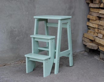 Mint Green Wooden Step Stool Chair, Folding Kitchen Ladder Stool, Convertible Step Ladder Seat, Handmade Solid Wood Step Stool