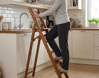 Tall Wooden Step Ladder, Folding 5 Step, High Reach for Home