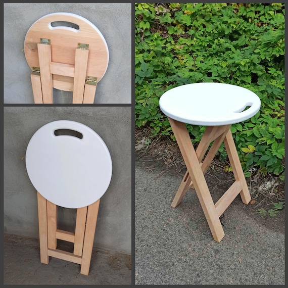 White Seat Folding Stool Round Portable Seating Foldable Wooden Stool Circular Seat Handle Seat Side Stand Brown Wooden Small Folding Table Etsy