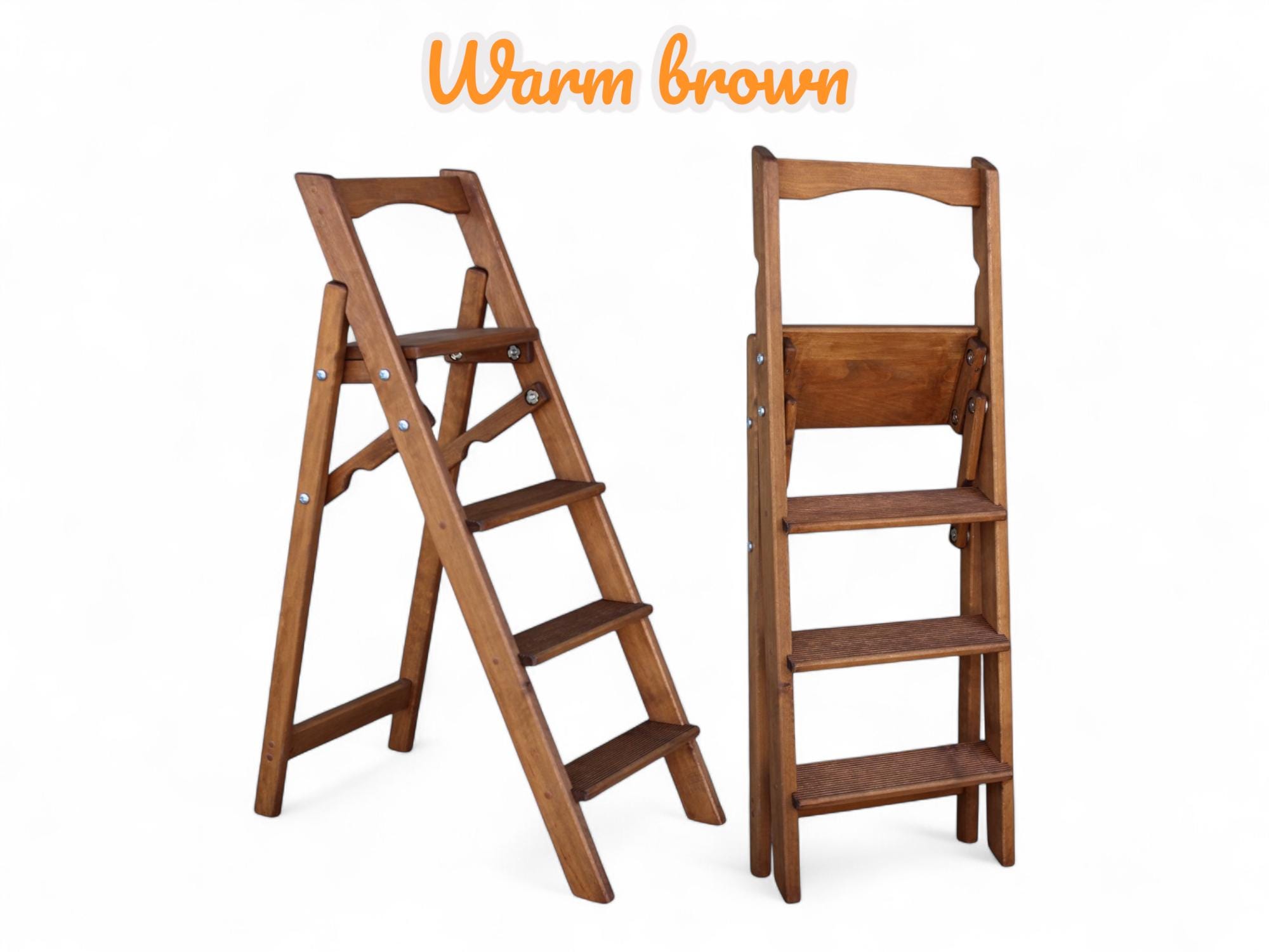 Wood Rung/step Red Natural Wood Folding Ladder for Kitchen, Library Wooden Stepladder ...