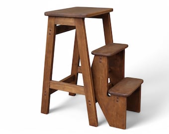 Brown Solid Wooden Folding Stepladder, Stepladder in retro design, Natural wood Portable seating, Wooden Flower Stand, Stool Ladder