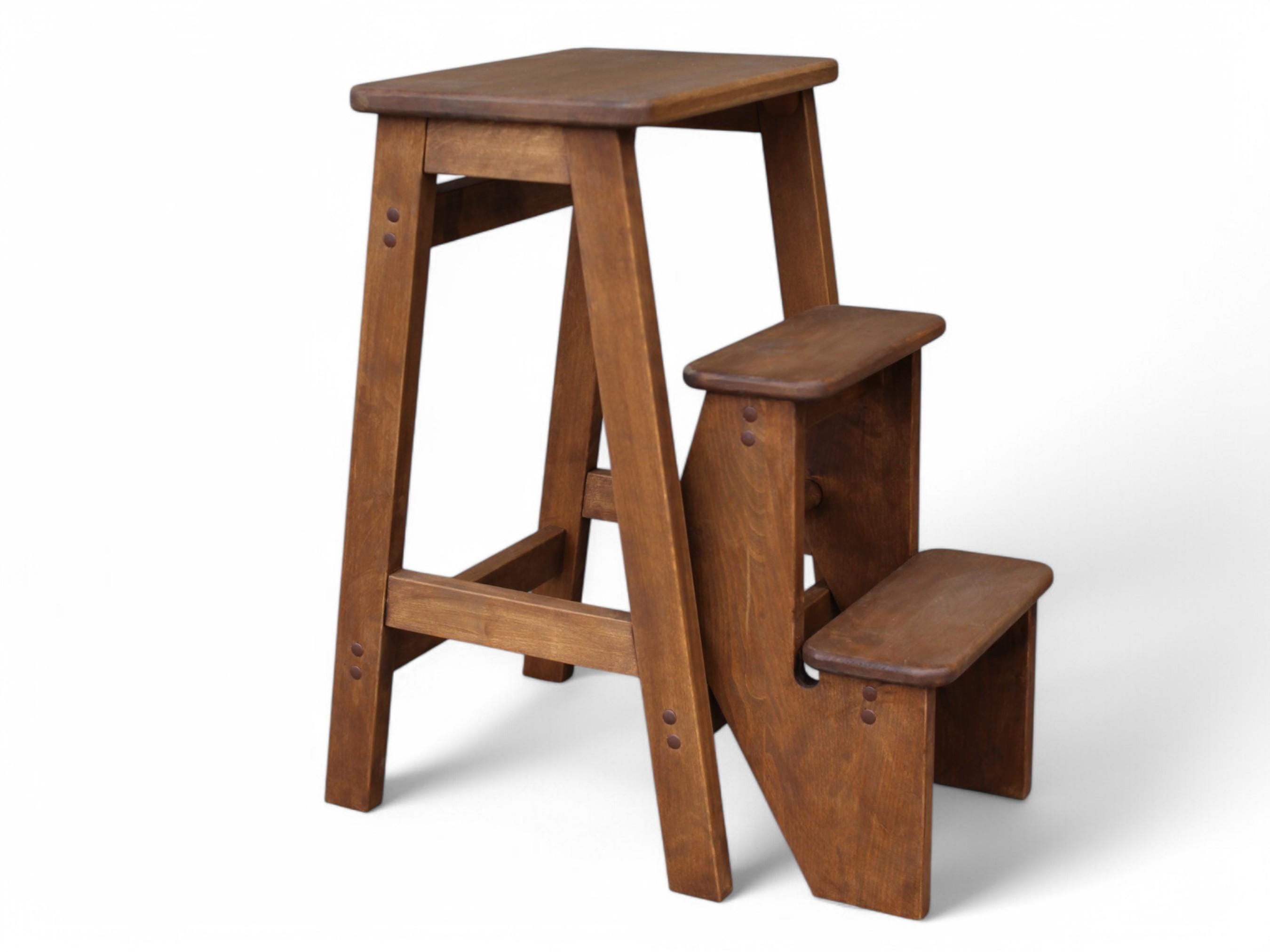 Brown Solid Wooden Folding Stepladder, Stepladder in retro design, Natural wood Portable seating, Wooden Flower Stand, Stool Ladder
