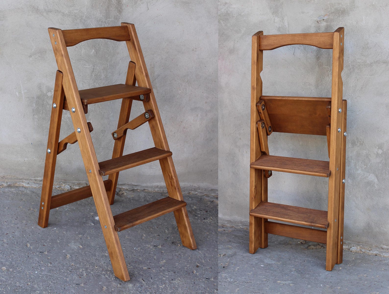 Handmade Stepladder, Natural Wood Folding 3-step Stepladder Portable ...