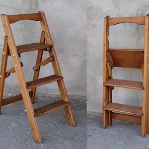Escalera de tijera hecha a mano, escalera de tijera plegable de madera natural de 3 escalones, escalera de madera rústica plegable portátil para cocina, casa de campo vintage que ahorra espacio