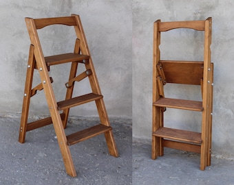 Handmade stepladder, Natural wood folding 3-step stepladder portable kitchen foldable rustic wooden ladder, Vintage farmhouse space-saving
