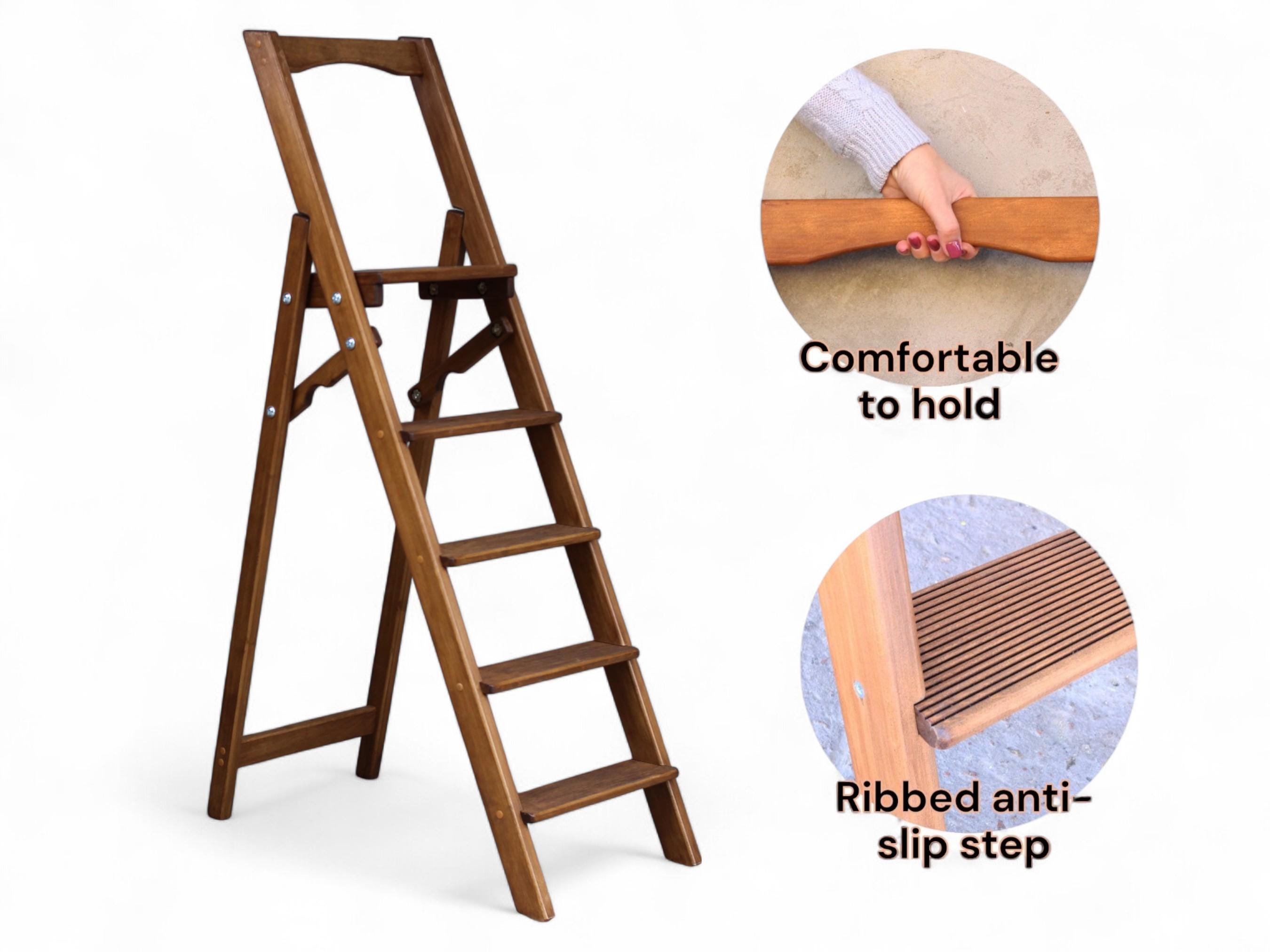 Foldable Rungs High Wooden Stepladder Natural Wood Folding Ladder for Kitchen, Library ...