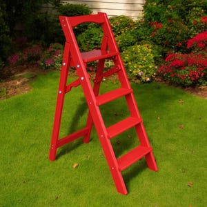 Red Natural Wood folding ladder for Kitchen, Library Wooden stepladder Step Rustic rung Foot ladder Photography Props Wood Tall Plant Stand