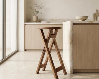 Warm Brown Wooden Folding Stool, Foldable Wooden Stool with Circular Seat Handle Seat Side Table Rustic Folding Stool Round Portable seating