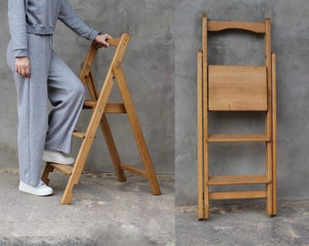 Slim Folding Wooden Step Ladder | 3 Step Solid Wood Ladder | Compact Space Saving Stool