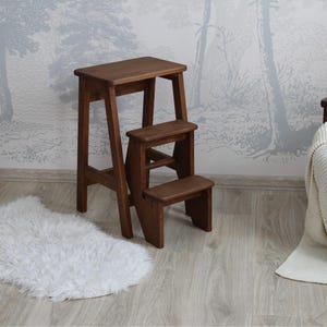 Vintage Brown Solid Wooden Folding Step Stool – Retro Stepladder, Seat & Plant Stand Natural wood Portable seating Flower Stand Stool Ladder