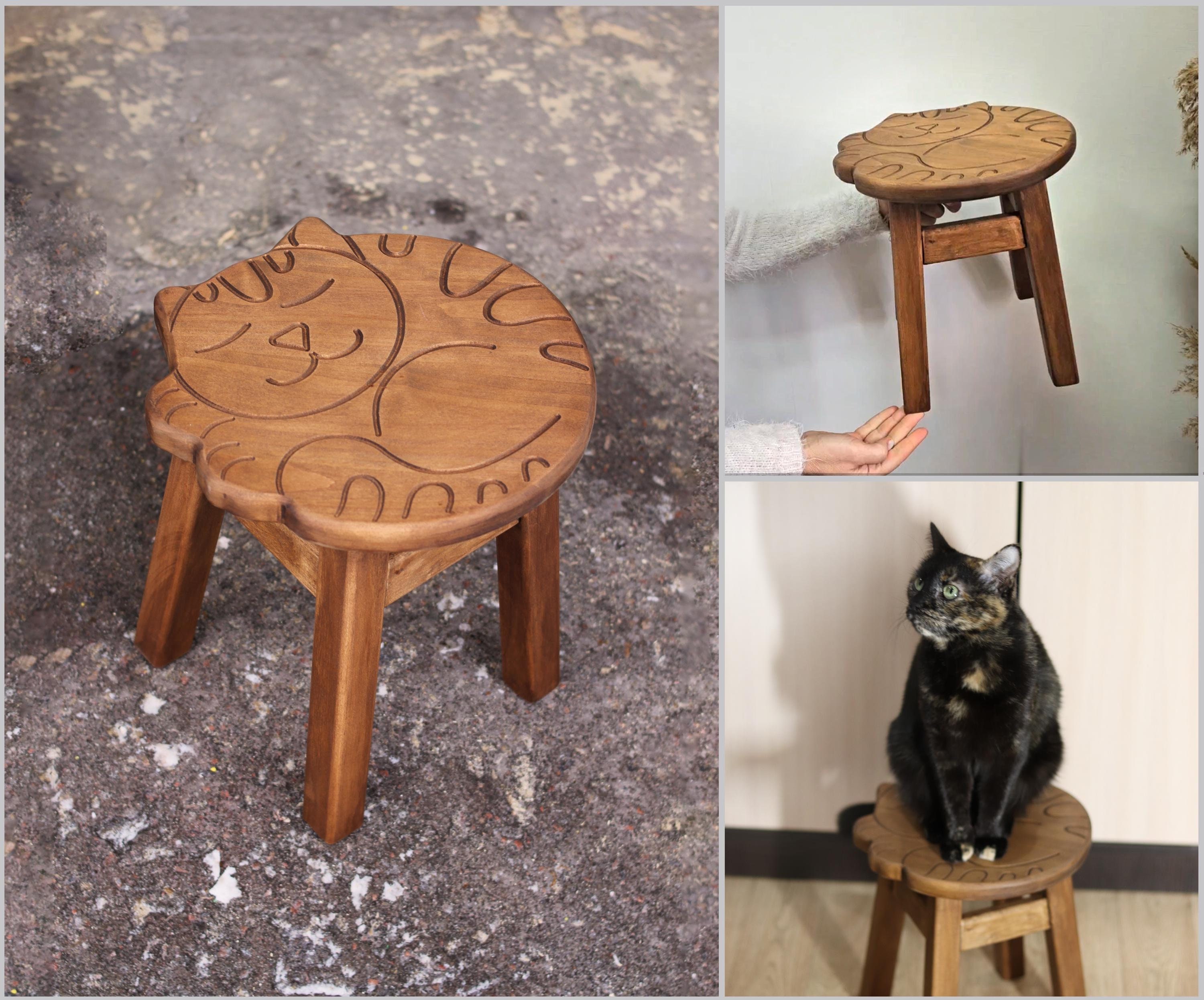 Wooden Kids Stool – Sleeping Cat Shaped Seat Adorable Natural Wood