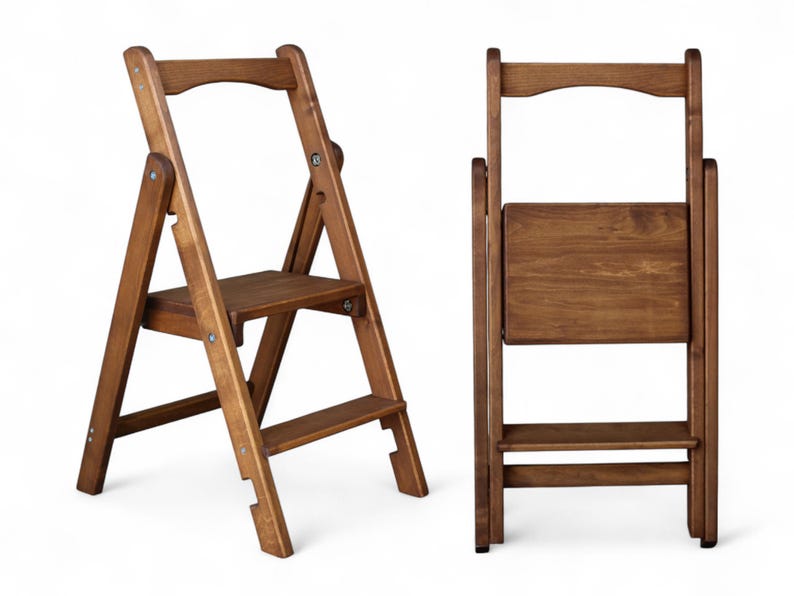 Natural Wood Slim Folding Step Ladder Rustic Step Stool for Kitchen ...