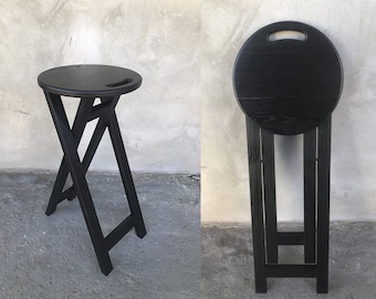 Black Wooden Folding Stool Round Portable seating Foldable Wooden Stool Circular Seat Handle Portable and Stylish Side Table Compact Stool