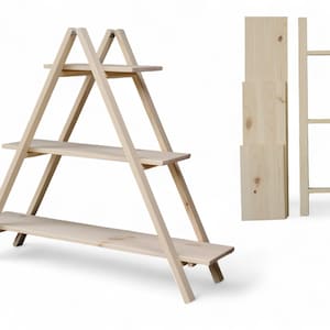 Rustic 3-Tier Wooden Ladder Shelf Foldable Display Rack for Plants, Books & Decor Small A-Frame Shelving Unit Boho Folding Plant Stand