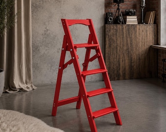 Red Wooden Folding Ladder, 4 Step Kitchen Stepladder, Space Saving Home Accessory