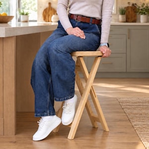 May include: A light-colored wooden folding stool with a round seat and crossed legs. The stool is constructed from light-toned wood with a natural grain finish, featuring a simple, functional design with a sturdy frame and a circular top.