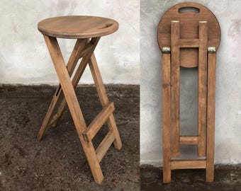 Round Folding Stool Portable seating Foldable Wooden Stool with Circular Seat Handle Seat Side Table Brown Wooden Folding Stool flower stand