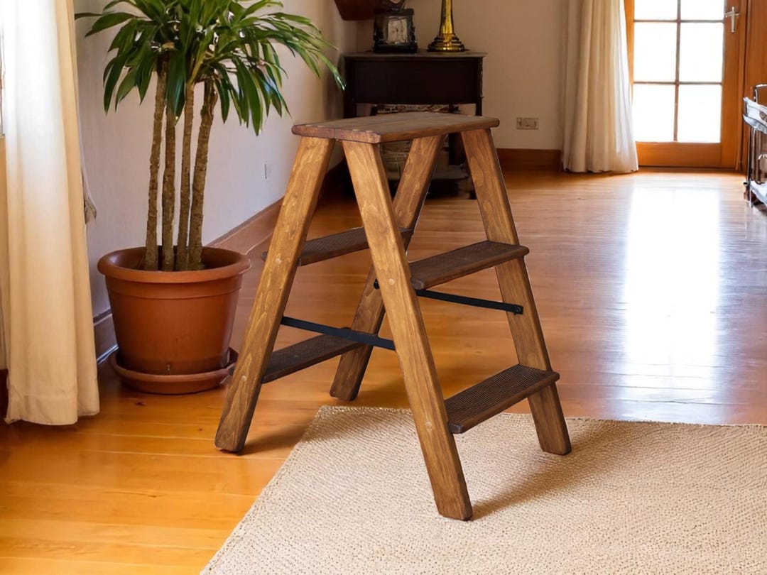 Brown Natural Wood Folding Small Ladder for Kitchen or Library Wooden ...