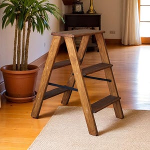 Brown Natural Wood folding small ladder for Kitchen or Library Wooden stepladder 3 Step Rustic rung Foot ladder Photography Props Wood Seat
