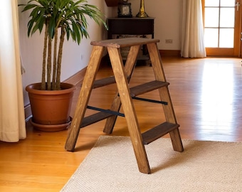 Brown Natural Wood folding small ladder for Kitchen or Library Wooden stepladder 3 Step Rustic rung Foot ladder Photography Props Wood Seat