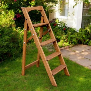 Brown Natural Wood folding ladder for Kitchen or Library Wooden stepladder 4 Step Rustic rung Foot ladder Photography Props Wood Tall