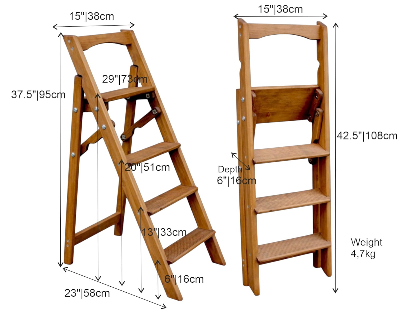 Red Natural Wood Folding Ladder for Kitchen, Library Wooden Stepladder ...