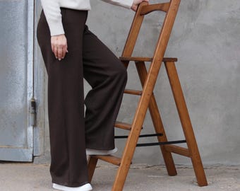 Wooden Folding Ladder | Slim Natural Stepladder with Handle | Rustic Home Ladder for Kitchen, Library & Decor