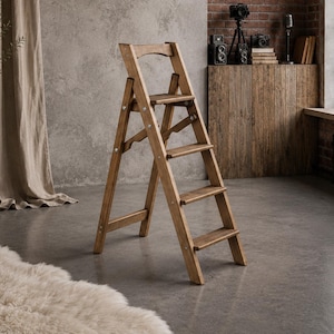 May include: A four-step folding ladder constructed from medium-toned wood with a natural grain finish. The ladder features a hinged frame, a top platform, and three lower steps, all secured with visible metal hardware and side support braces.