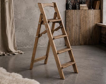 Handcrafted 4-Step Folding Ladder Solid Wood Rustic Library Access Farmhouse Home Decor