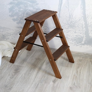 Low Natural Wood folding small ladder for Kitchen or Library Wooden stepladder 3 Step Rustic rung Foot ladder Photography Props Wood Seat