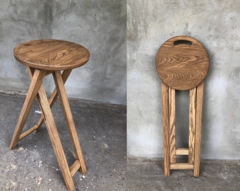 Tabouret pliant en bois, siège portable rond, tabouret en bois pliable avec siège circulaire et poignée - Table d'appoint portable et élégante