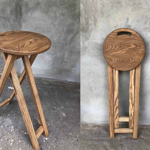 Holzklapphocker, runder tragbarer Sitz, faltbarer Holzhocker mit rundem Sitz und Griff - tragbarer und stilvoller Sitz-Beistelltisch