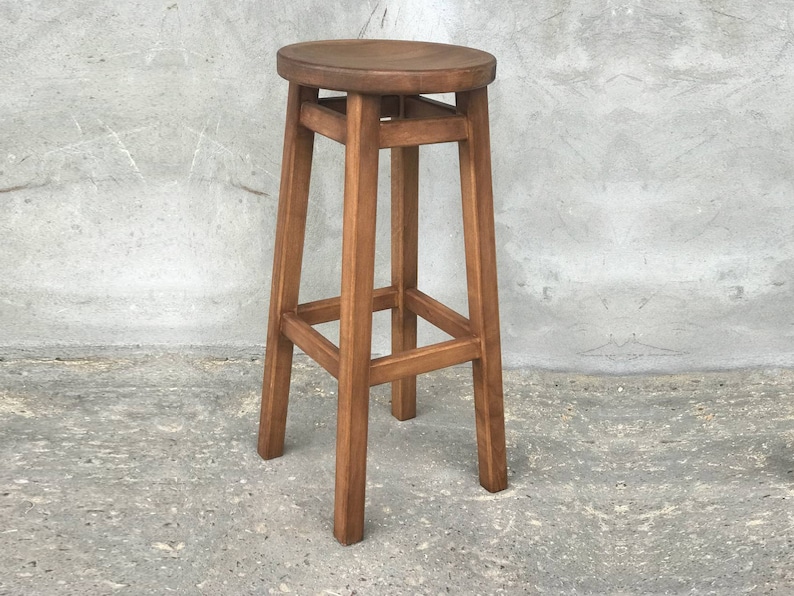 Rustic Elegance Wooden Bar Stool With Round Seat Handcrafted Sturdy and