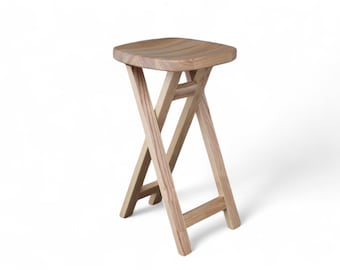 Solid Wooden Folding Stool with Ergonomically shaped square seat Foldable Handle Seat Natural wood Circular Portable seating for Kitchen