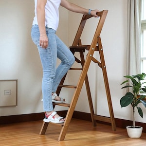 High Wooden stepladder Natural Wood folding ladder for Kitchen, Library Step Rustic rung Tall Foot ladder Photography Props Wood Tall Stand