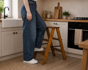 Brown Natural Wood folding small ladder for Kitchen or Library Wooden stepladder 3 Step Rustic rung Foot ladder Photography Props Wood Seat
