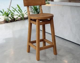 Natural Solid Wood High Chair with Comfortable Seat – Rustic Farmhouse Style Bar Stool, Vintage Seating for Kitchen, Pub, Counter